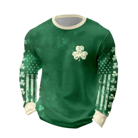 St. Patrick's Day Shamrock Grid Print Long Sleeve T-Shirt, Casual Crewneck Top for Men