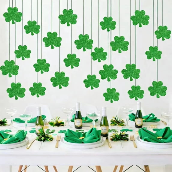 St Patrick's Day Shamrock Hanging Decorations, Green Clover Banner Garland For Irish Holiday Party Home Classroom Ceiling Wall Decor Supplies