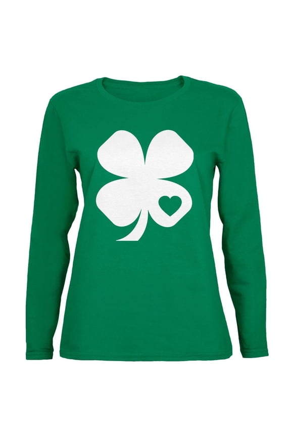St. Patrick's Day Shamrock Heart Green Womens Long Sleeve T-Shirt - Medium
