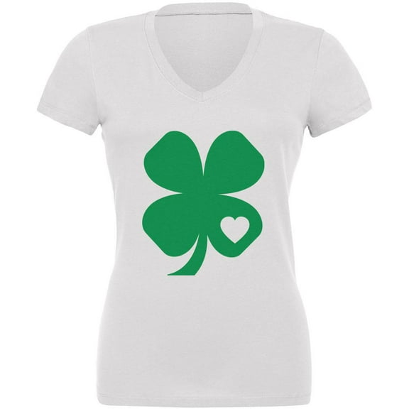 St. Patrick's Day Shamrock Heart White Juniors V-Neck T-Shirt - Small