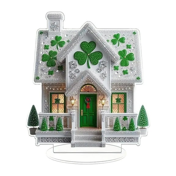 St. Patrick's Day Shamrock House Table Decor - Clover Diamond Painting House Ornament with Stand, for Indoor Tabletop Mantel Windowcase, Home Holiday Party Decor