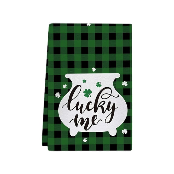 St. Patrick's Day Shamrock & Leprechaun Themed Kitchen Towel, 25.9x17.7in "Lucky Me" Green Clover Dish Cloth & Home Decor