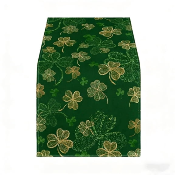 St. Patrick's Day Shamrock Linen Table Runner: Green Black Tablerunner Decorations Perfect for Irish Holiday Party Home Kitchen Dining Mante
