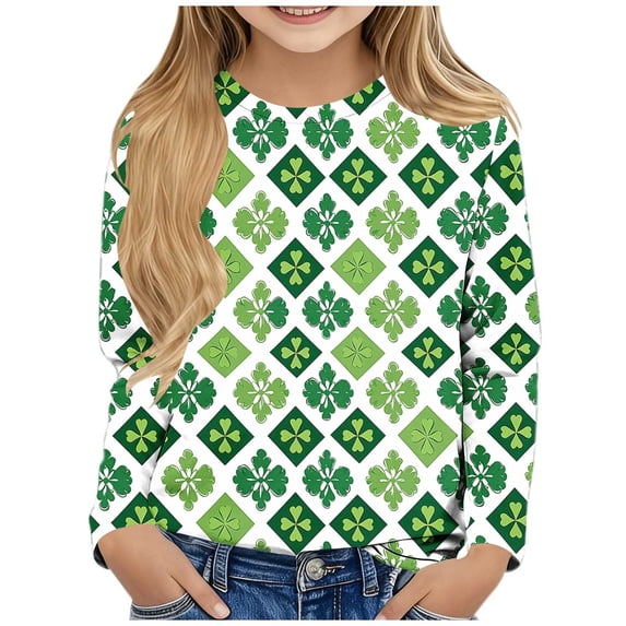 St.Patrick's Day Shamrock Long Sleeve Shirt for Ages 6-12, Cute Green Clover Print Crewneck Tee, Casual Holiday School & Play Top