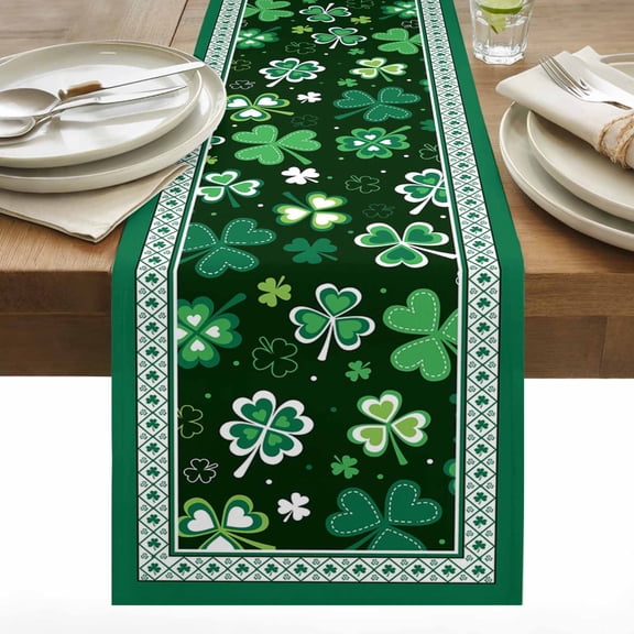 St. Patrick's Day Shamrock Lucky Clover Green Table Runner 13x72 inch Cotton Linen Dining Table Runner Ideal for Dresser Kitchen Coffee Tables - Machine Washable