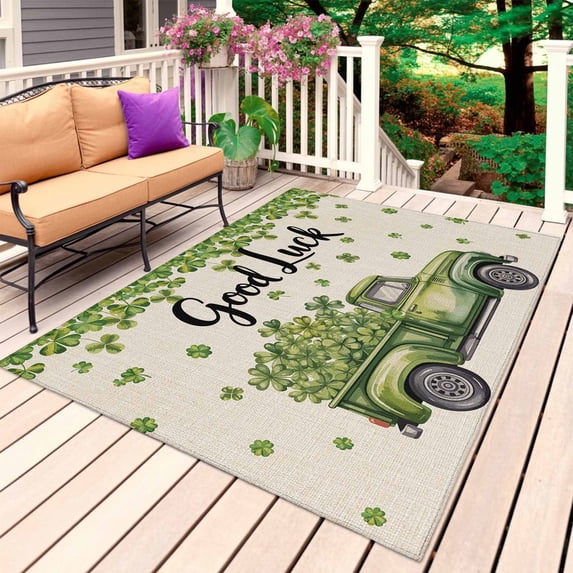 St Patrick's Day Shamrock Outdoor Rug 5x7 Ft, Non Slip Washable Area Rug, Green Truck Lucky Four Leaf Beige Patio Rugs Carpet Runner, Large Floor Mat for Indoor/Outdoor Deck Porch Camping