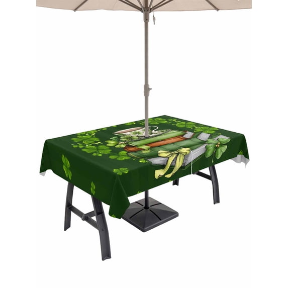 St. Patrick’s Day Shamrock Outdoor Tablecloth - 52x70 Inch Rectangle Dining Table Cover, Dark Green Books Cups Lucky Leaf Waterproof Outdoor Table Cloth with Umbrella Hole & Zipper for Picnic/Patio