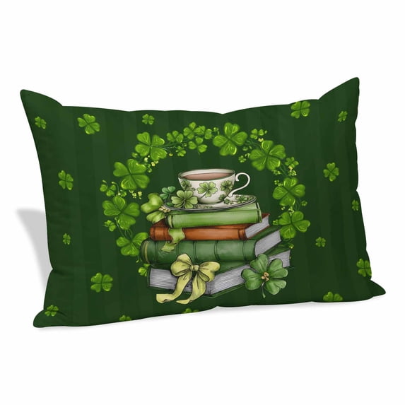 St. Patrick’s Day Shamrock Pillow Covers, Linen Long Throw Pillow Case, Dark Green Books Cups Lucky Leaf Holiday Pillow Protector Decorative Cushion Cover for Living Room/Bedroom 20" x 36"