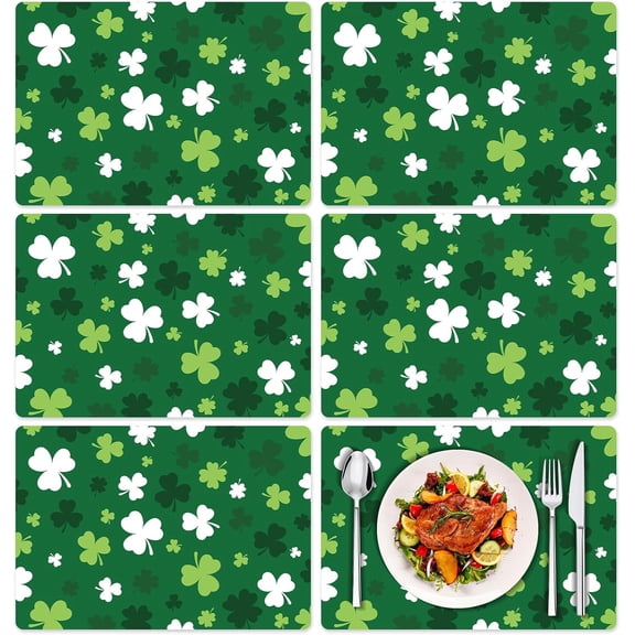 St. Patrick''s Day Shamrock Placemats Set of 6, 11x15.7 Inch Green Clover Decorative Vinyl Table Mats for Kitchen Dining Wedding Birthday Irish Holiday Party