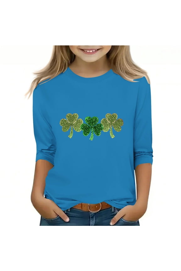 St Patrick's Day Shamrock Pullover Top, 3/4 Sleeve Crewneck Hawaiian T-Shirt for Ages 6-13, Fun ST Pattys Holiday Gifts