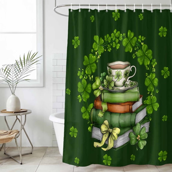 St. Patrick’s Day Shamrock Shower Curtain Set, Waterproof Shower Curtains for Bathroom, Dark Green Books Cups Lucky Leaf Washable Fabric Bath Curtain for Bathtub Decoration with Hooks 66x72 Inches