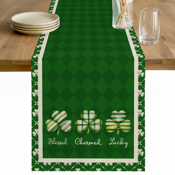 St.Patrick's Day Shamrock Table Runner 48 Inches Long Farmhouse Dress Scarves, Green Lucky Leaf Farm Plaid Dining Tablerunner for Coffee Table/Kitchen Island/Party Décor, 13" x 48"
