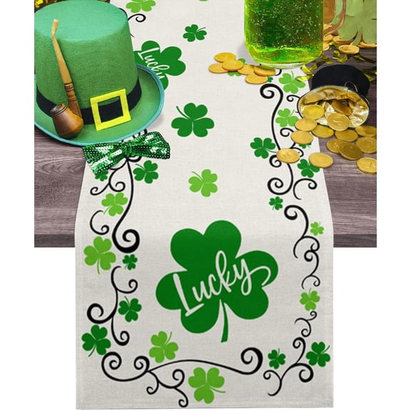 St. Patrick''s Day Shamrock Table Runner Lucky Green Clover Burlap Table Runners,Cotton Linen Dresser Scarf Waterproof Table Runner for Kitchen Dining Party Family Dinner 13x48In