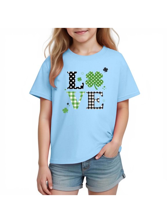 St. Patrick's Day Shamrock Tee for Girls Love Graphic Short Sleeve Shirt 100% Cotton Kids & Kids Sizes 3-10 Blue,Size 3 T
