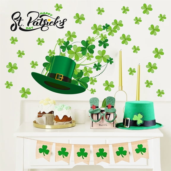 St. Patricks Day Shamrock Wall Stickers Set with Leprechaun Hat, Holiday Wall Decals, 22 Inches
