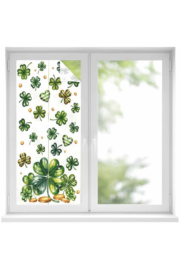 St Patrick's Day Shamrock Window Privacy Film, Lucky Four Leaf Gold Coin Green Static Cling UV Sun Blocking Heat Control Window Tint Day and Night, Non-Adhesive One Way Privacy Cover 19.6''x39.3''