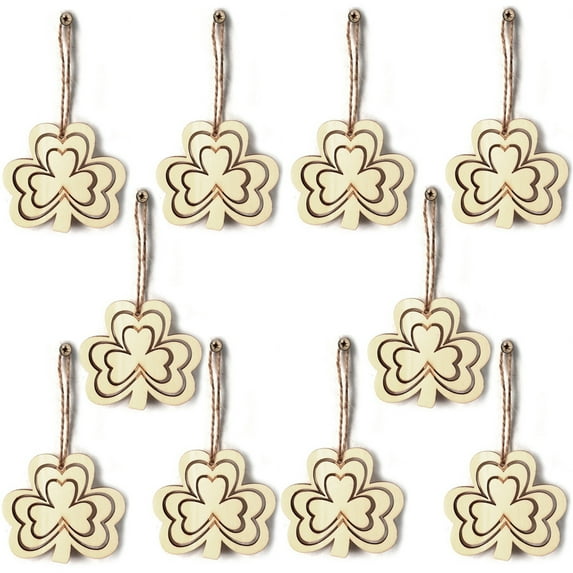 St. Patrick's Day Shamrock Wooden Ornaments Unfinished Wood Clover Cutouts with Ropes for St. Patrick's Party Tree Table Decorations