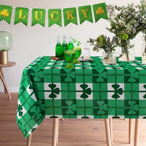 St Patrick''s Day Shamrocks Table Cloth- 60x84 inch Rectangle Tablecloth- Green and White Check with Irish Clover Stain and Water Resistant Table Cover for Dinner/Party/Holiday/Picnic