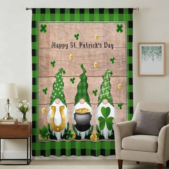 St. Patrick's Day Sheer Curtains 108" Extra Long, Green Gnomes Shamrocks Gold Coin Plaid Light Filering Curtains, Privacy Drapes Simi Floor to Veiling Curtain for Living Room Bedroom Window Treatment
