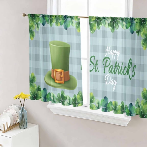 St. Patrick's Day Sheer Curtains 54 Inch Length 2 Panels Set for Living Room/Bedroom,Spring Coin Green Clovers Blue Lattice Semi Curtain Sheers Drapes Rod Pocket Curtains Window Treatment 52''x54''x2