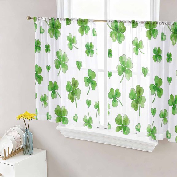 St. Patrick's Day Sheer Curtains 54 Inch Length 2 Panels Set for Living Room/Bedroom, Watercolor Lucky Clovers Green Semi Curtain Sheers Drapes Rod Pocket Curtains Window Treatment Set 52''x54''x2