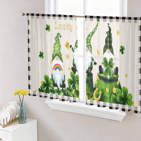 St. Patrick's Day Sheer Curtains 54 Inch Length 2 Panels Set Window Treatments, Green Shamrock Gnomes Gold Coin Beige Rod Pocket Semi Curtains for Living Room/Bedroom/Kitchen Décor, 104"W x 54"L