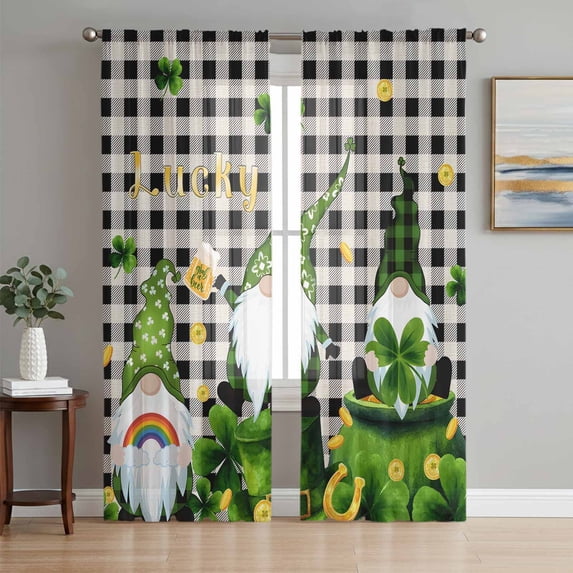St. Patrick's Day Sheer Curtains 63 Inch Length 2 Panels Set Window Treatments, Gnomes Gold Coin Shamrock Checkered Plaid Rod Pocket Semi Curtains for Living Room/Bedroom/Kitchen Décor, 104"W x 63"L