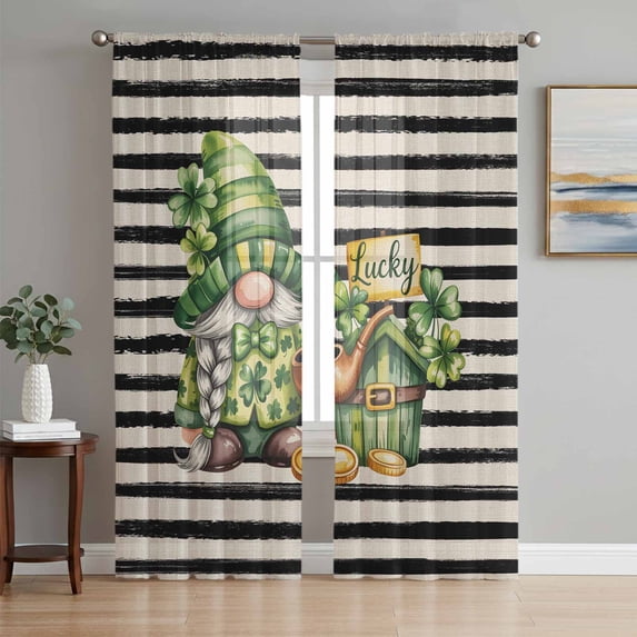 St. Patrick's Day Sheer Curtains 63 Inch Length 2 Panels Set Window Treatments, Gnomes Lucky Shamrock Farmhouse Beige Rod Pocket Semi Curtains for Living Room/Bedroom/Kitchen Décor, 104"W x 63"L