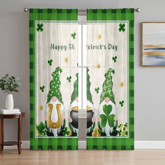 St. Patrick's Day Sheer Curtains 63 Inch Length 2 Panels Set Window Treatments, Gnomes Shamrock Gold Coin Green Plaid Rod Pocket Semi Curtains for Living Room/Bedroom/Kitchen Décor, 104"W x 63"L