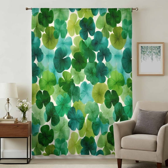 St. Patrick's Day Sheer Curtains 63 Inches Long, Green Lucky Shamrocks Spring Plants Light Filering Curtains, Breathable Simi Curtain Privacy Drapes for Living Room Bedroom Window Treatment