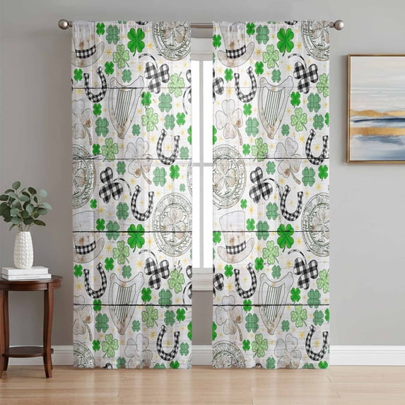 St. Patrick's Day Sheer Curtains 72 Inch Length 2 Panels Set Window Treatments, Green Black Plaid Clovers Wooden Grain Rod Pocket Semi Curtains for Living Room/Bedroom/Kitchen Décor, 104"W x 72"L