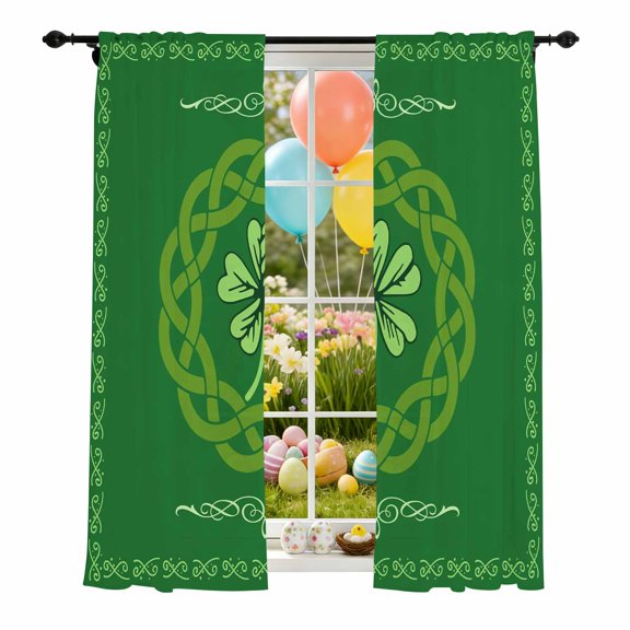 St. Patrick's Day Sheer Curtains 84 Inch Long Rod Pocket Semi Transparent Light Filtering Window Drapes for Kitchen Bedroom Living Room,2 Panels, Celtic Knots Four Leaf Clovers Green