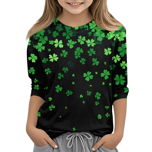 St Patrick's Day Shirt Girls 3/4 Sleeve Graphic Shamrock Shirts St Patrick's Day Irish Clover Tops Loose Fit Summer Cute Clothes,Green 4-5 Years