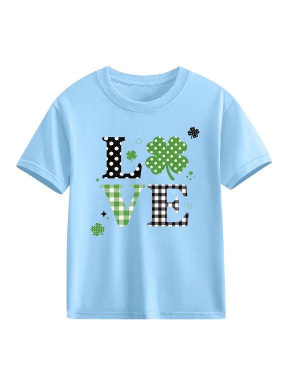 St. Patrick's Day Shirt Girls Cute Shamrock Graphic Tee Kids St Patricks T-Shirt Blue Love Print Cotton Top,Size 4 T
