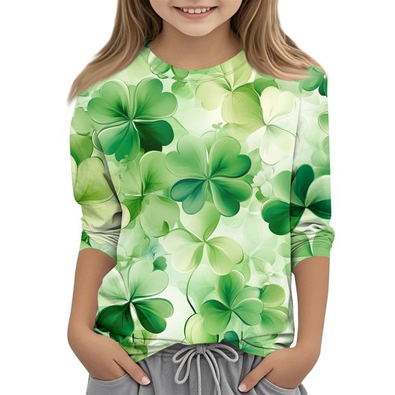 St Patrick's Day Shirt Girls Clover Shamrock 3/4 Sleeve Shirts Loose Fit Irish Graphic Tops Cute Spring Casual T-Shirts,Light Green 6-7 Years