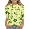 thumbnail image 1 of St Patrick's Day Shirt Kids Clover Shamrock 3/4 Sleeve Shirt Loose Fit Graphic Irish Tees Tops Casual Cute Summer Clothes,Yellow 10-11 Years, 1 of 4