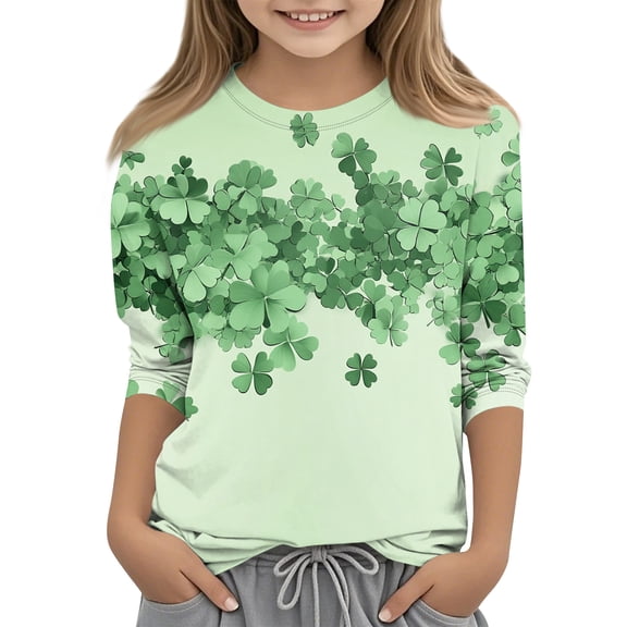 St Patrick's Day Shirt Kids Shamrock Graphic 3/4 Sleeve Shirt Casual Irish Clover Tees Tops Cute St Patrick's Day Crewneck Clothing,Mint Green 9-10 Years