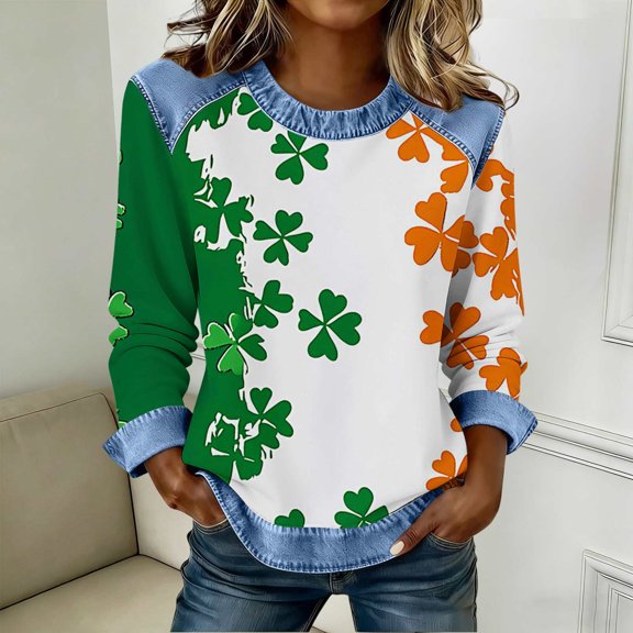 St. Patrick's Day Shirt for Women Four Leaf Clover Graphic Sweatshirt Long Sleeve Crewneck Loose Fit Denim Trim Festival Apparel Shamrock Gift Holiday Tops