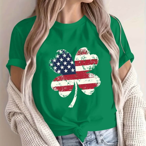 St. Patrick's Day Shirt for Women Irish Flag Shamrock Graphic T-Shirt Short Sleeve Crewneck Rolled Cuff Casual Loose Fit Festival Apparel Vintage Holiday Tops