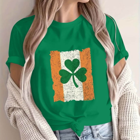 St. Patrick's Day Shirt for Women Irish Flag Shamrock Graphic T-Shirt Short Sleeve Crewneck Rolled Cuff Casual Loose Fit Festival Apparel Vintage Holiday Tops