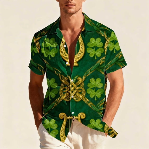 St Patrick's Day Shirt for Men Oversized Button Down Irish Shamrocks Print Lapel Short Sleeve Shirts Summer Collared Hawaiian Beach T Shirts