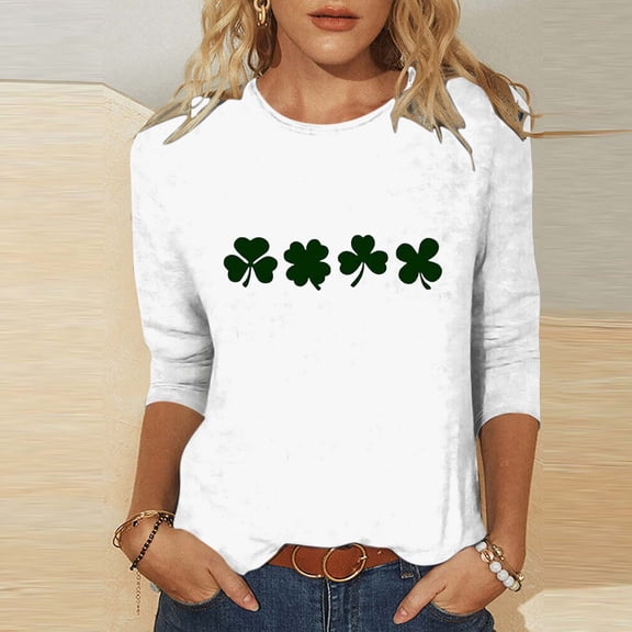 St. Patrick's Day Shirt for Women Four Green Clovers Graphic T-Shirt 3/4 Sleeve Crewneck Casual Loose Fit Festival Apparel Gift
