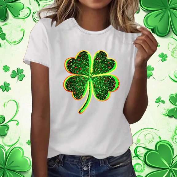 St. Patrick's Day Shirt for Women Four Leaf Clover Glitter Graphic T-Shirt Short Sleeve Crewneck Casual Festival Apparel Holiday Gift