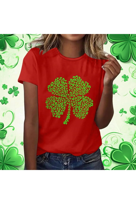 St. Patrick's Day Shirt for Women Four Leaf Clover Heart Graphic T-Shirt Short Sleeve Crewneck Casual Festival Apparel Holiday Gift