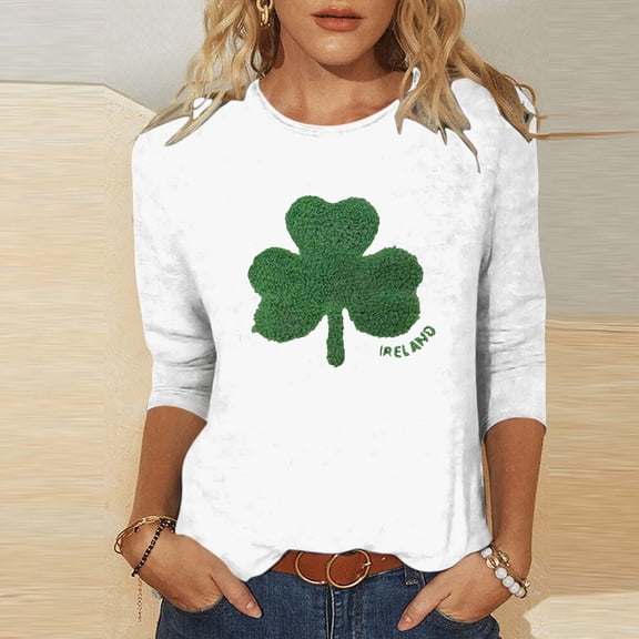St. Patrick's Day Shirt for Women Ireland Large Textured Shamrock Graphic T-Shirt 3/4 Sleeve Crewneck Casual Loose Festival Apparel Irish Pride Gift