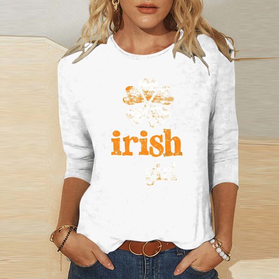 St Patrick's Day Shirt for Women Irish Girl Slogan Clover Graphic Tee Three Quarter Sleeve Crewneck Distressed Festival Apparel Gift