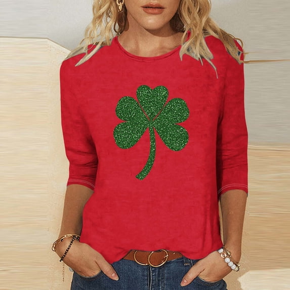 St. Patrick's Day Shirt for Women Large Glitter Shamrock Graphic T-Shirt 3/4 Sleeve Crewneck Stretchy Lightweight Festival Apparel Irish Party Gift