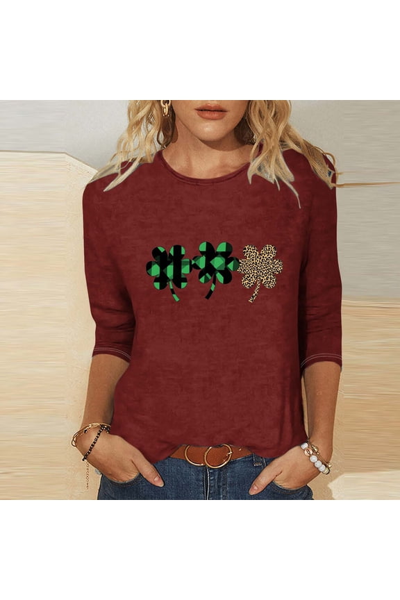 St Patrick's Day Shirt for Women Plaid Leopard Clover Graphic Tee Three Quarter Sleeve Crewneck Casual Festival Apparel Irish Gift