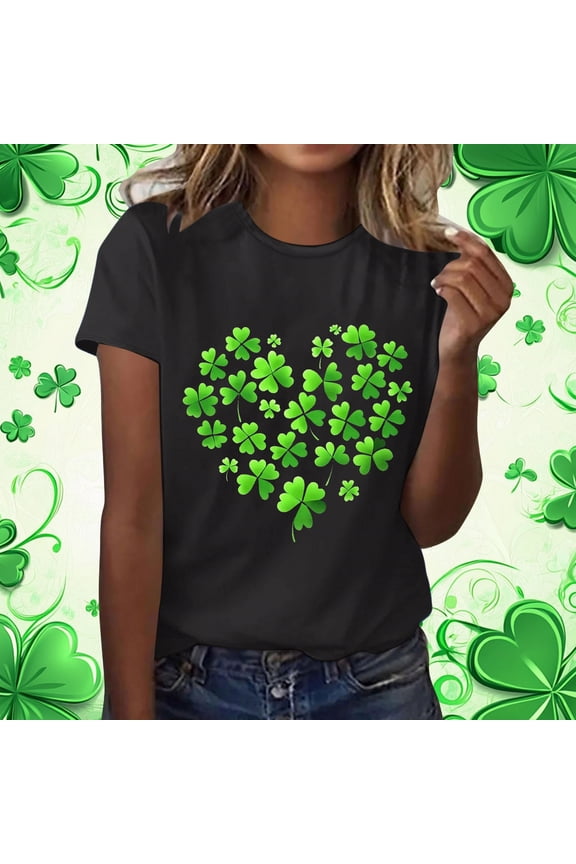 St. Patrick's Day Shirt for Women Shamrock Heart Pattern T-Shirt Short Sleeve Crewneck Casual Festival Apparel St Paddys Day Top