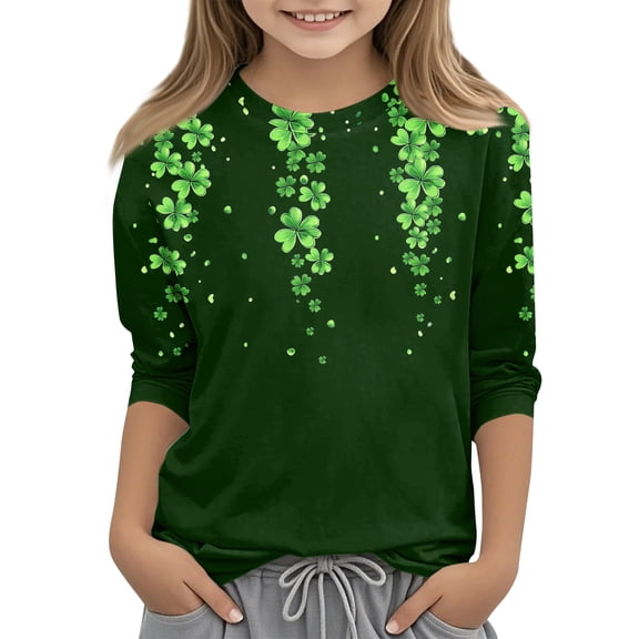 St Patrick's Day Shirts for Girls 3/4 Sleeve Shamrock Graphic Shirt St Patrick's Day Clover Irish Tops Casual Loose Fit Spring Tshirts,Dark Green 4-5 Years